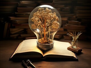 Wall Mural - Tree Sculpture Inside Light Bulb on Open Book. Generative AI