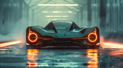 Poster - The future of cars with laser lights - futuristic car concept - front view in outdoor studio (with grunge and dust overlay) - 3D illustration, brandless.