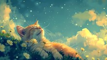 An Illustration Cute Little Kitten Sleeping On The Grass
