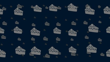 Poster - Piece of cake symbols float horizontally from left to right. Parallax fly effect. Floating symbols are located randomly. Seamless looped 4k animation on dark blue background