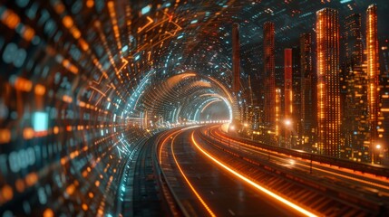 Fototapete - CG rendering of abstract highway path with virtual reality, hyper loop, and virtual reality towers across a city background. Concept of big data, machine learning, artificial intelligence, hyper