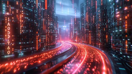 Fototapete - Abstract highway path through digital binary towers in a city. Concept of big data, machine learning, AI, hyper-loop, virtual reality, high speed network.