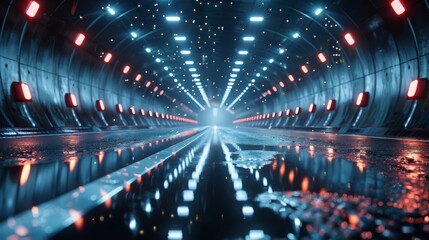 Poster - An illustration of curved tunnels with led lights on ceilings and reflections from puddles on wet, dark surfaces. Concept for fast business technology and car advertising.