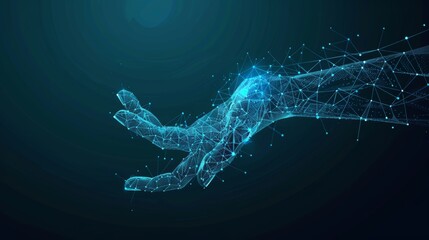 Leinwandbilder - The concept of machine learning or cyber security is depicted in a wireframe with a hand reaching to digital technology elements