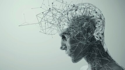 Poster - Detailed wireframe polygonal illustration of a great thinker and his broken head