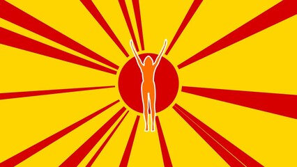 Poster - Woman stretches symbol on the background of animation from moving rays of the sun. Large orange symbol increases slightly. Seamless looped 4k animation on yellow background
