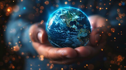 Poster - The hand of a businessman is touching a global network and data exchanges around the globe 3D rendering