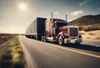 AI-generated illustration of a US Delivery freight shipping truck on a freeway at sunset
