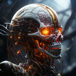A steampunk cyborg skull with glowing eyes and an eerie smile.