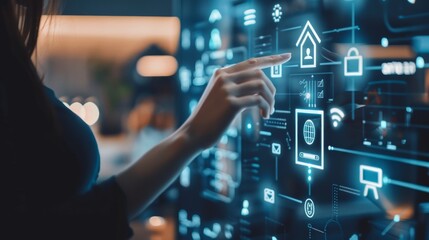 Aufkleber - Woman pushing Smart Home Automation Control System Ui via Innovation Technology Internet Network, working remotely at home.