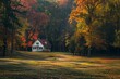 AI generated illustration of a wooden cabin on a grassy hillside during autumn