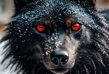 A Black Dog With Red Eyes In The Snow And Snow
