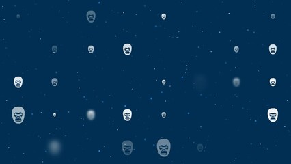 Poster - Template animation of evenly spaced gorilla heads of different sizes and opacity. Animation of transparency and size. Seamless looped 4k animation on dark blue background with stars
