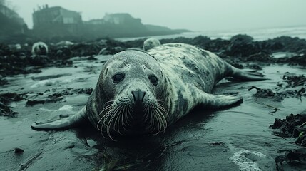 Wall Mural - AI generated illustration of a seal resting on wet rocks by the beach