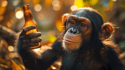 Canvas Print - AI generated illustration of a chimpanzee holding a beer bottle in sunlight