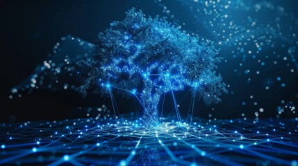 Poster - Network connection technology concept, blue cyber polygon tree with futuristic elements.