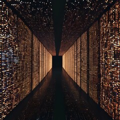 Canvas Print - AI generated illustration of artistic corridor with illuminated brick wall and long black floor