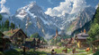 Idyllic Alpine Village, Pastoral Life with Majestic Mountain Backdrop