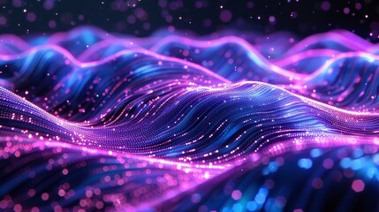 Poster - Abstract technology big data digital background. Dot blue purple wave line light gradient dark...