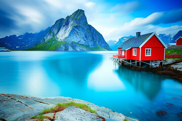 Wall Mural - AI-generated illustration of a Norwegian house with serene water and mountains in the background