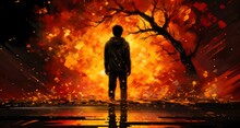 AI Generated Illustration Of A Man Standing On Urban Street With Fiery Background