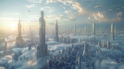 Fototapete - City skyline panorama 3D illustration. Skyscrapers, towers, tall buildings, flying vehicles. Panoramic urban view of megapolis town, sky background.