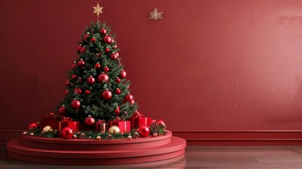 Aufkleber - A red Christmas podium background with a Christmas tree. This is a 3D render.