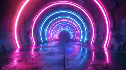 Poster - Background with radial neon lines moving in a circle. Conceptual technology background. Spectrum of color blue-purple. 3D illustration.