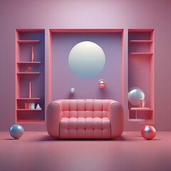 Wall Mural - an empty room with pink walls and a couch with balls around it