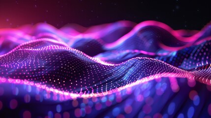 Poster - The background is a light gradient dark background with a dot blue purple wave line. Abstract technology big data digital background. 3D rendering.