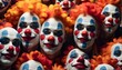 background with lots of clown faces. vivid, insane clowns in close-up