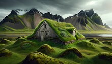 An Old Cabin Is On Top Of A Green Grass Covered Hill