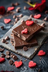 Poster - A pile of chocolate with heart-shaped decorations. Perfect for Valentine's Day or romantic occasions