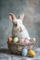 Poster - A cute white rabbit sitting in a basket filled with colorful eggs. Perfect for Easter-themed designs