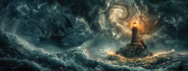 Poster - a storm at sea as waves crash against the rocky shore, with a lone lighthouse standing tall amidst the chaos.