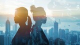Fototapeta  - Silhouette of two businesswomen stand and look far away