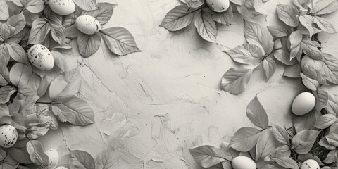 Aufkleber - Black and white photo of eggs and leaves, suitable for food or nature themes