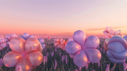 Canvas Print - Surreal Lavender Field at Sunset with Vibrant Florals