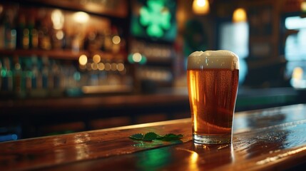 Poster - A glass of beer on a rustic wooden bar, ideal for pub or brewery promotions