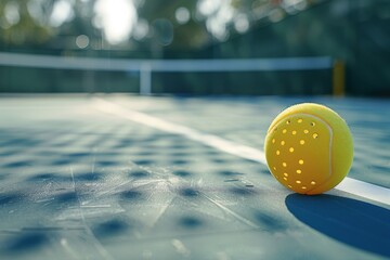 Yellow pickleball ball close-up on a pickleball court, with space for text. Beautiful simple AI generated image in 4K, unique.