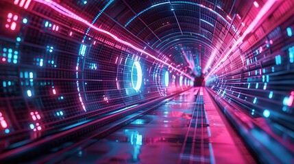 Aufkleber - Neon lights in a digital tunnel. Abstract background of futuristic technology. 3D render.