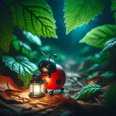 Poster - a ladybug sitting on top of green leaves under a lamp