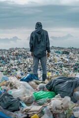 Poster - A man standing on top of a pile of garbage. Suitable for environmental concepts