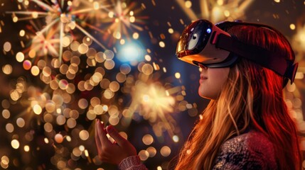 Poster - Woman using virtual reality headset near festive tree, perfect for tech holiday concepts