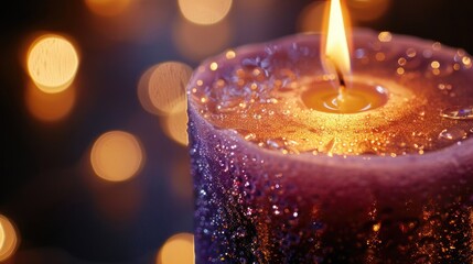 Poster - A close-up of a lit candle with water droplets. Perfect for relaxation or spa-themed designs