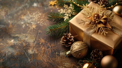 Poster - A beautiful gift box adorned with a gold ribbon and ornaments. Perfect for holiday or special occasion concepts
