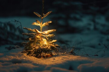 Poster - A small Christmas tree glowing in the snow, perfect for holiday designs