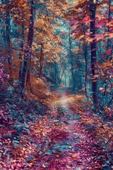 Poster - A scenic forest path covered with autumn leaves. Suitable for nature and outdoor themes