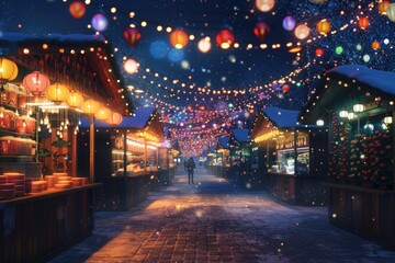 Poster - A vibrant street adorned with twinkling Christmas lights. Ideal for holiday-themed designs