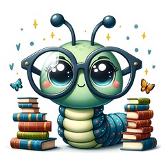 cartoon bookworm reading and reading books, with glasses on